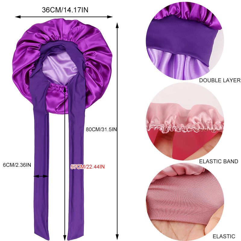 Hijab e turbante elastico a doppio strato da donna in raso con tesa larga, grande cuffia per la cura dei capelli, cappello rotondo con nastro indossabile su entrambi i lati_voghion.com