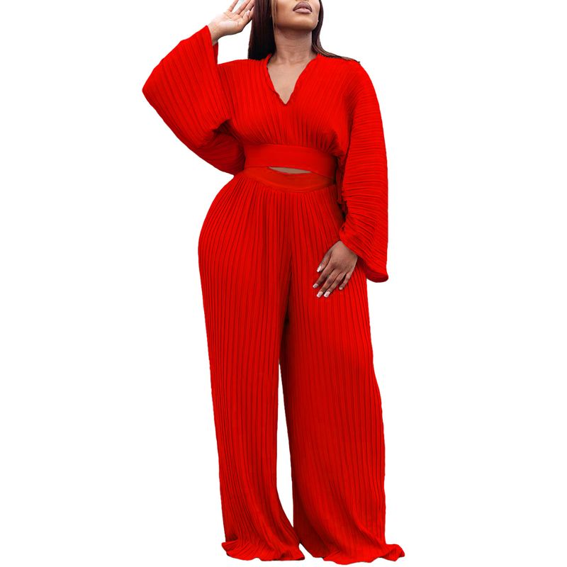 Abbigliamento donna nuova primavera pantaloni larghi a gamba larga con scollo a V pieghettato in due pezzi_voghion.com
