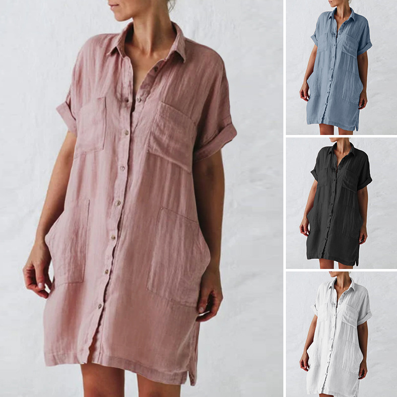 Nuovo abito camicia tascabile irregolare a maniche lunghe in canapa di cotone_voghion.com