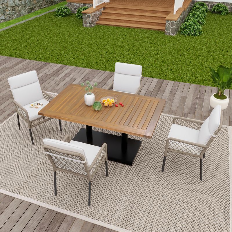 Ensemble de salle à manger d'extérieur 5 pièces pour 4 personnes, table en acacia massif, chaises en rotin synthétique, pour jardin et terrasse_voghion.com