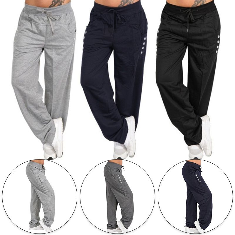Pantalones deportivos de talla grande para mujer, de color sólido, con cordón, largos, informales, holgados, con cintura elástica, pantalones activos, pierna ancha_voghion.com