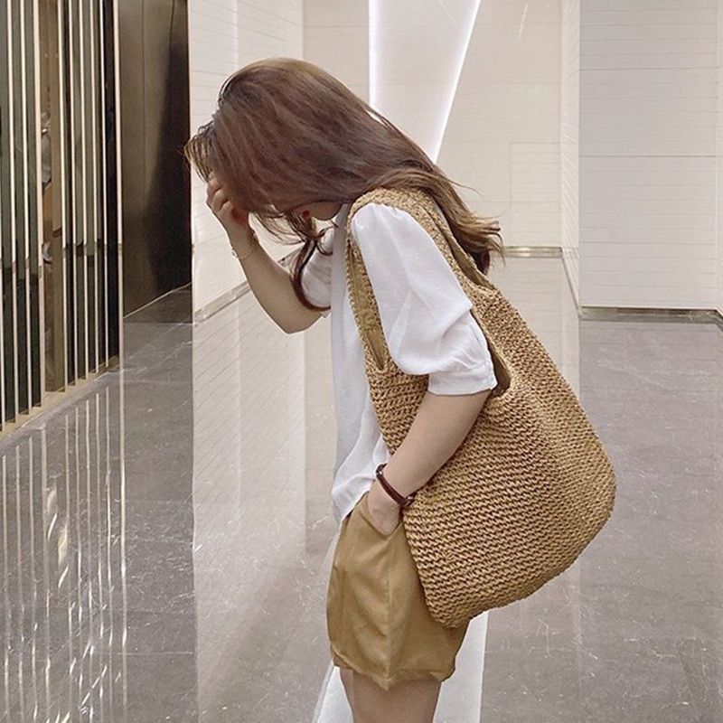 Straw For Women 2025 New Summer Versatile Casual Shoulder Forest Style Handwoven Large Capacity Beach Bag_voghion.com