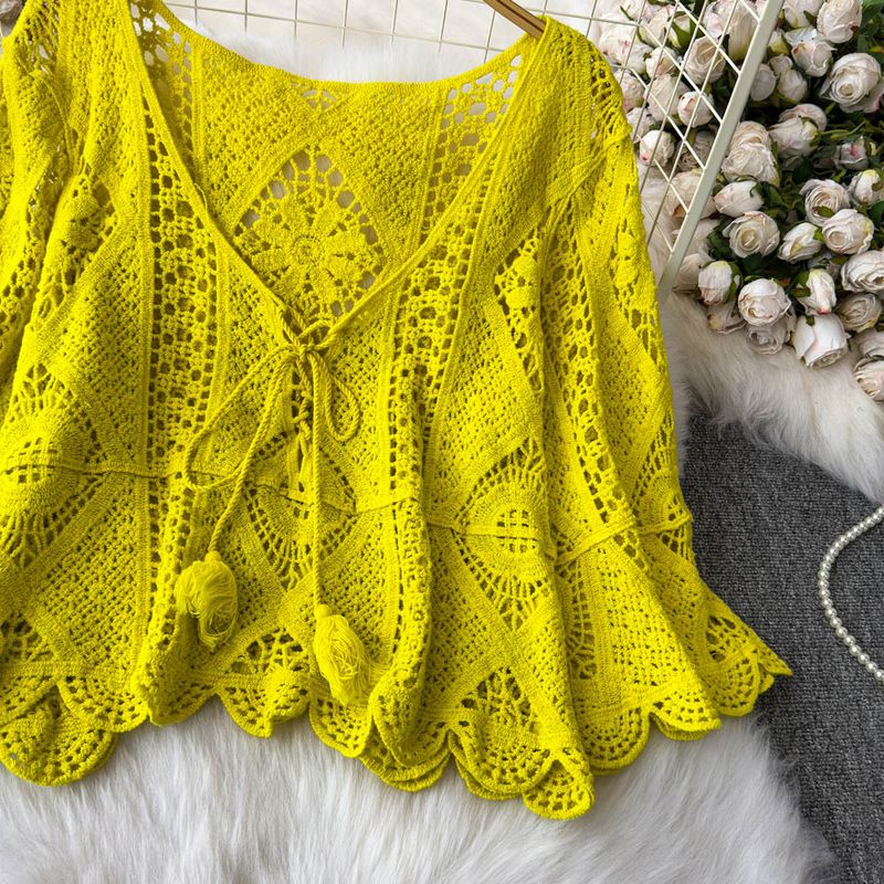 Damenbekleidung Retro V-Ausschnitt Haken Blume Hohl Strickpullover Damen Sommer Große Größe Cardigan Top Zweiteiliges Set Unregelmäßiger kurzer Rock_voghion.com