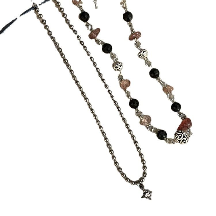 Natural Stone Round Pendant Double Layer Vintage Handmade Necklace For Women Niche Bamboo Joint Clavicle Chain Ethnic_voghion.com