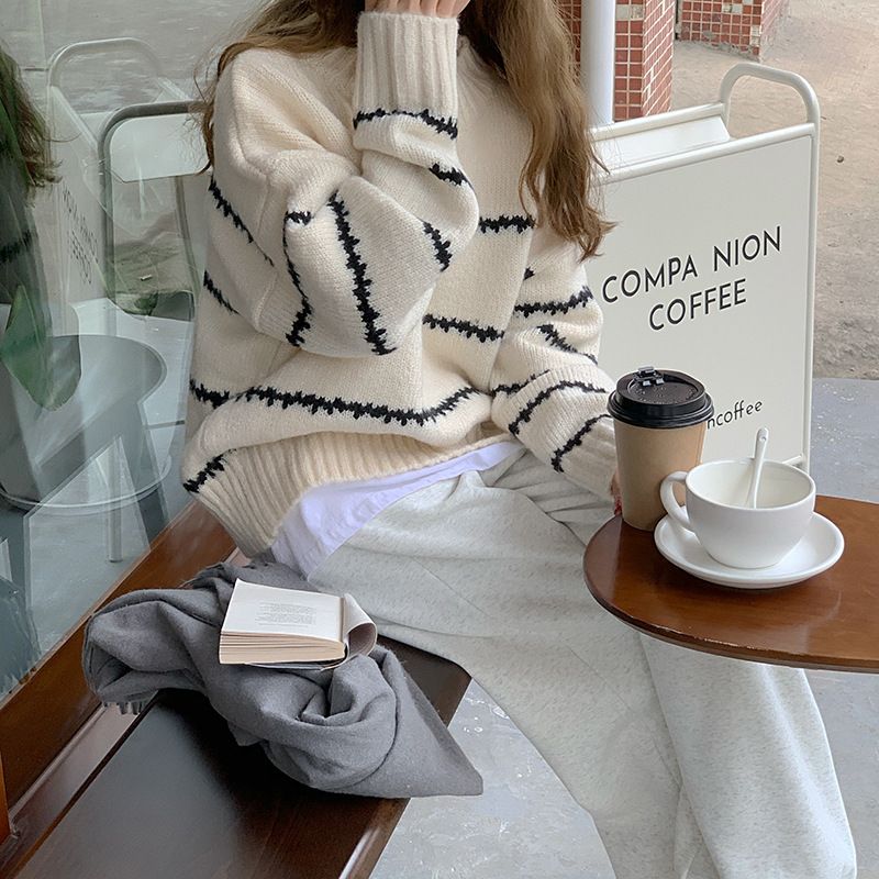 Japanese Retro Striped Knit Sweater Women's Loose Fit Long Sleeve Turtleneck Pullover - Soft Comfortable Chunky Knit Casual Top_voghion.com