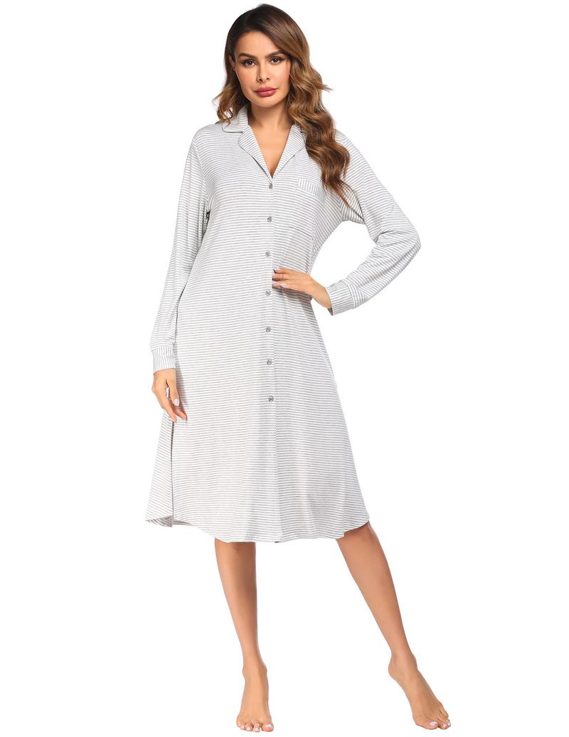 Roupas femininas, pijamas, camisa cardigan, pijamas de manga comprida listrados com botões estampados, pijamas para casa, femininos_voghion.com