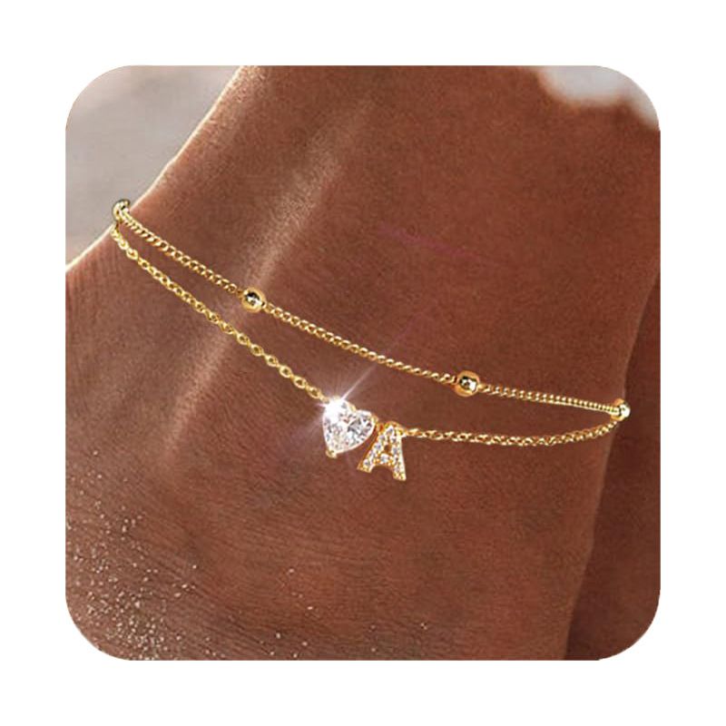 Hot-Selling 26 Letter Heart Zircon Inlaid Layered Anklet Elegant A-Z Beaded Adjustable Ankle Chain_voghion.com