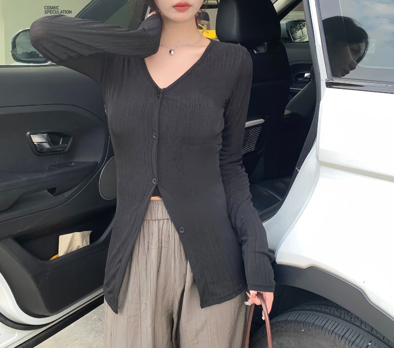 Tanek ledeno svilen kardigan za sončenje za ženske poleti 2024, z novim temperamentom V-izreza, nišnega slim kroja,_voghion.com