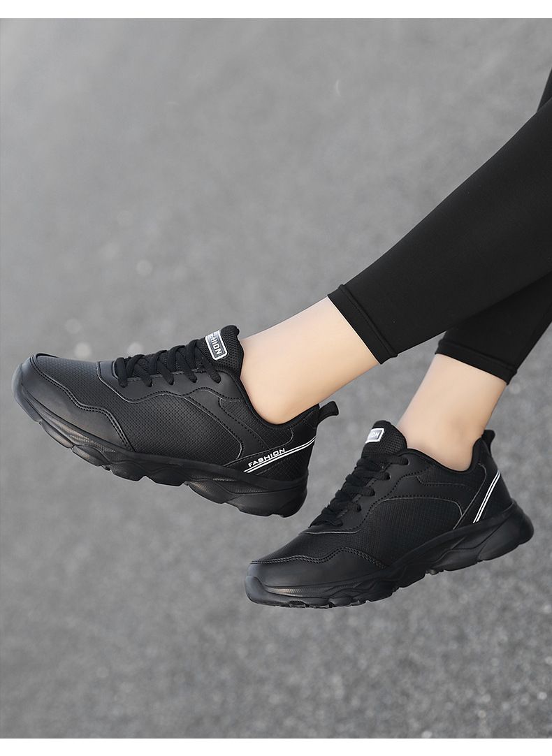 Tutto il lavoro da donna, pelle a fondo piatto, scarpe sportive nere pure, scarpe casual alla moda per i giorni di pioggia_voghion.com