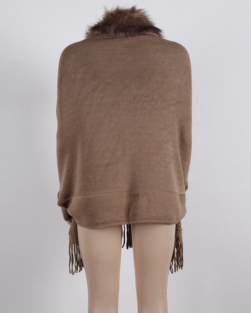 Maglione cardigan tinta unita in stile europeo e americano, autunno e inverno, con nappa e collo in pelliccia_voghion.com