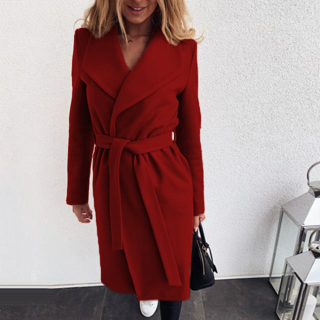 Modischer Damenmantel aus massiver Wolle mit Revers und Schnürung_voghion.com