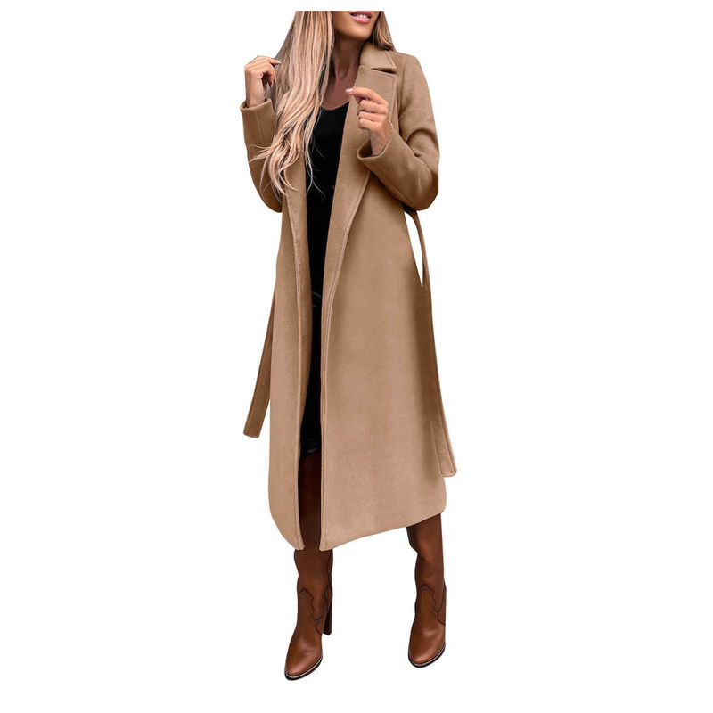 Autumn and winter women's solid color lapel long-sleeved woolen jacket simple strappy windbreaker_voghion.com