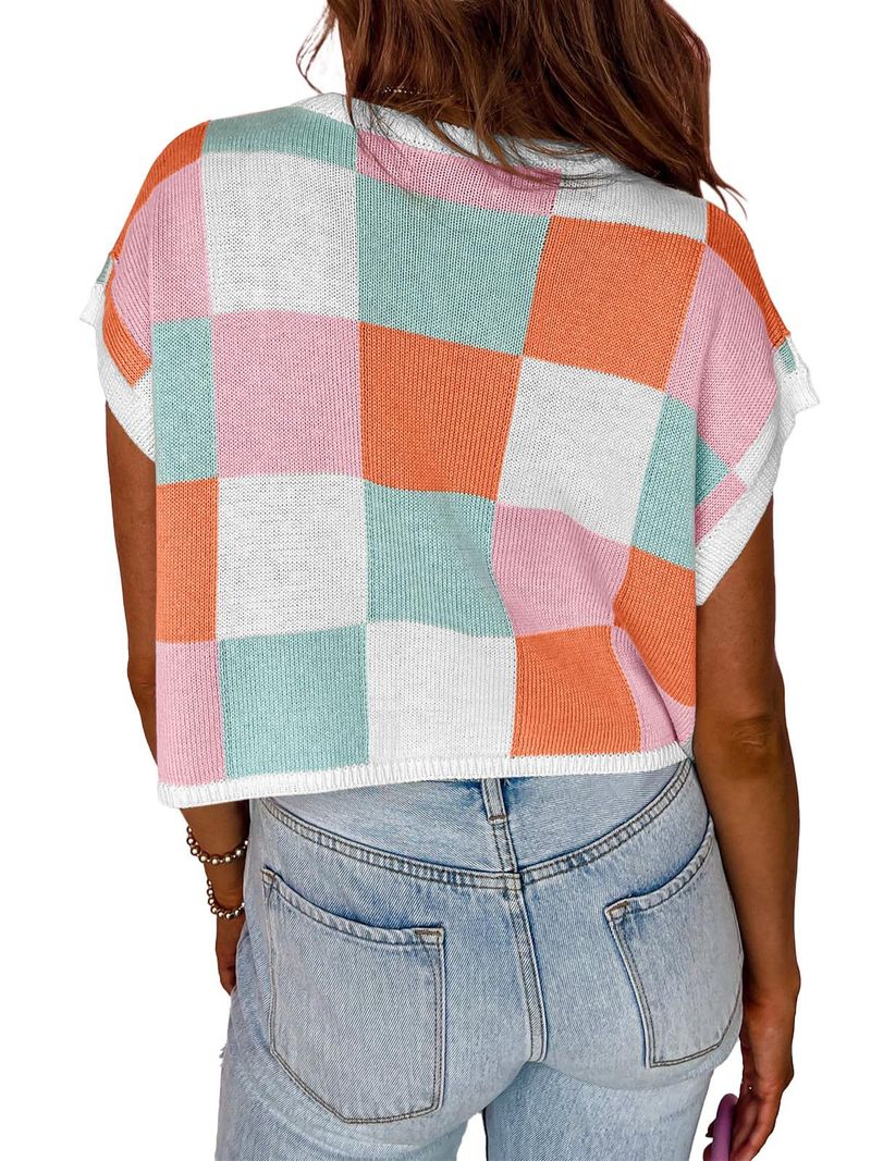 Women's Cropped Short Sleeve Knit Sweater With Color Block & Checkerboard Design - Round Neck, Oversized Fit, Breathable Fabric_voghion.com