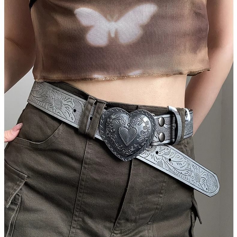 Antique Silver Carved Buckle Women's Fashion Embossed Delicate Design Versatile Belt_voghion.com