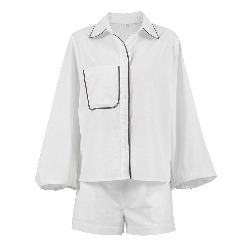 abito a maniche lunghe in cotone e lino moda casual design da donna camicia a contrasto in bianco e nero pantaloncini set da due pezzi_voghion.com