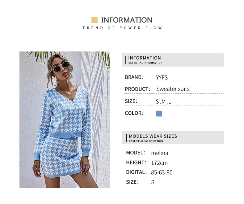 European and American fashion women's two-piece long-sleeved houndstooth skirt suit_voghion.com