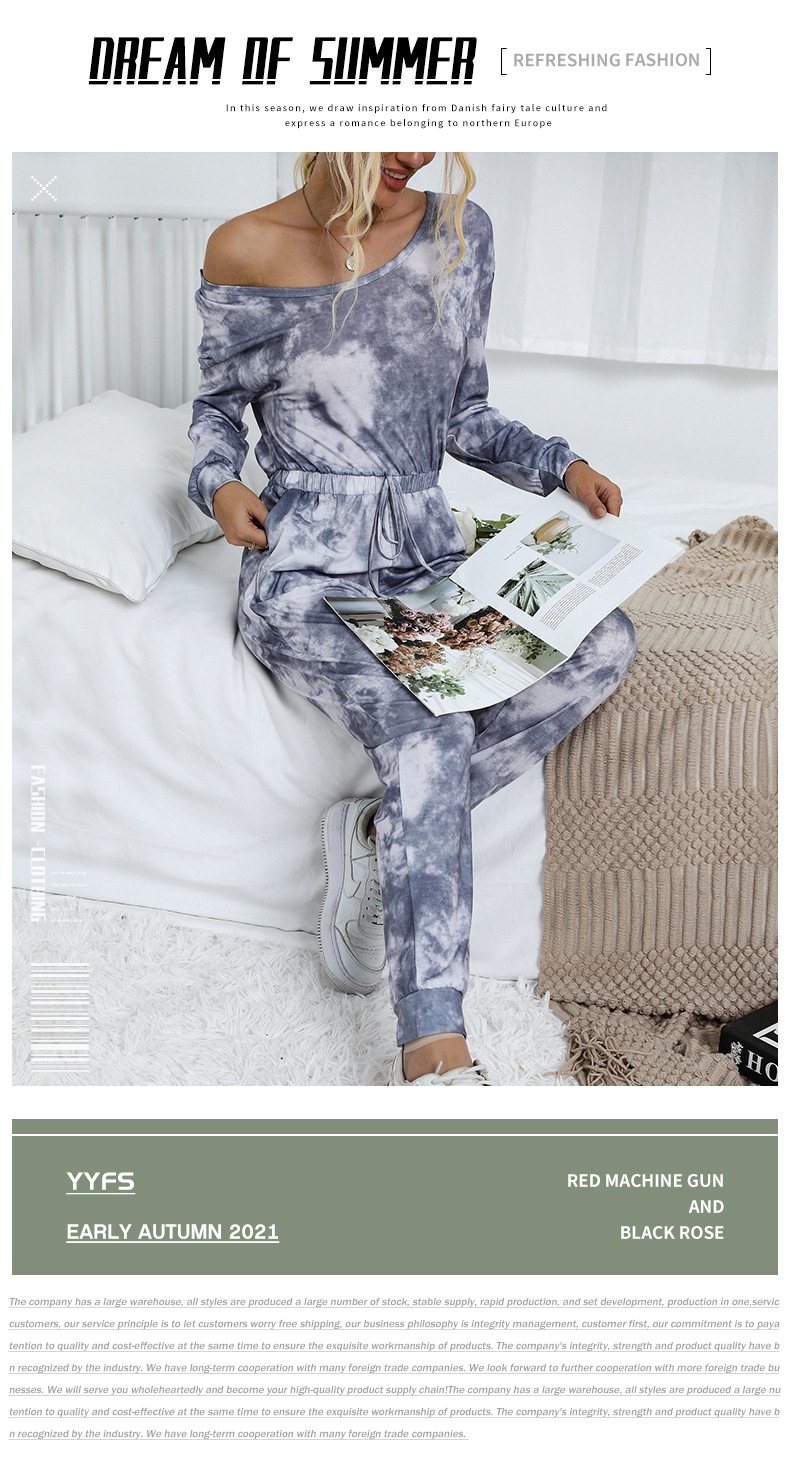 Dameskleding onafhankelijke station spot kleding tie-dyed ronde hals lange mouwen trekkoord broek jumpsuit_voghion.com