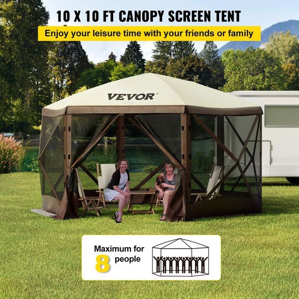 Camping Gazebo Tent, 10'x10', 6 Sided Pop-up Canopy Screen Tent For 8 Person Camping, Waterproof Screen Shelter W/Portable Storage Bag, Ground Stak_voghion.com