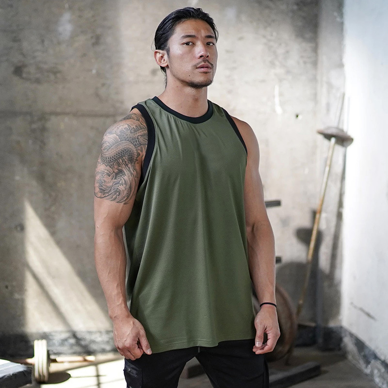 Canotta fitness da uomo muscolosa, abbigliamento traspirante in rete ad asciugatura rapida, canotta elastica senza maniche_voghion.com