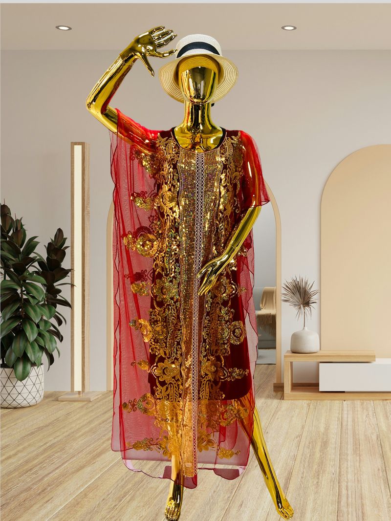 Large Size Chiffon Elegant Temperament Sequined Shawl Dress Traditional Ethnic Style Clothing_voghion.com