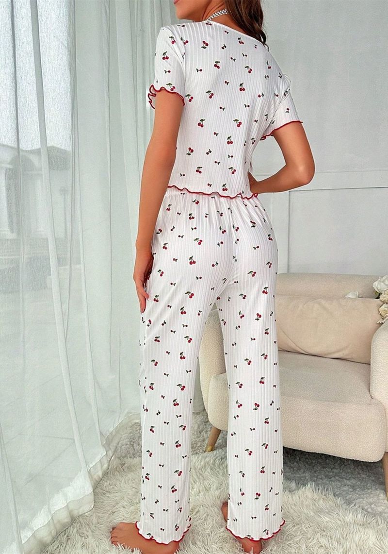 Pajamas Short-sleeved Trousers Set Women's Loungewear,Cherry Pattern Fungus Edge Front Button_voghion.com