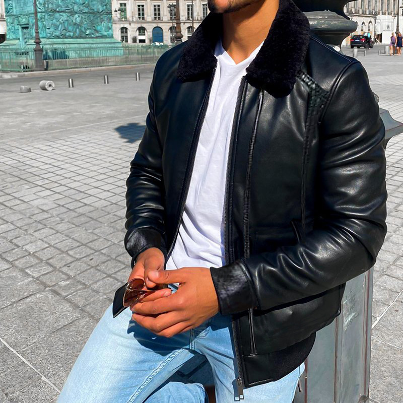 2561 * New winter coat men's jacket with plush and thick insulation motorcycle lapel PU leather_voghion.com