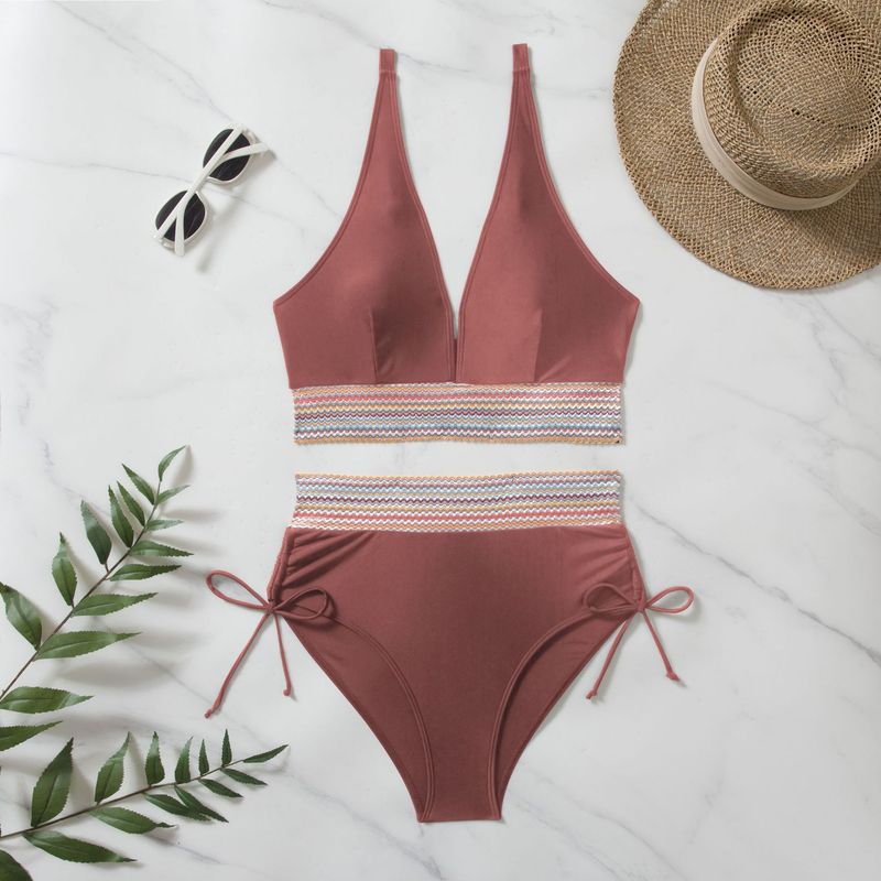 Women's Bikini High-waisted Split Color Matching Set Tether Pull Up Swimsuit_voghion.com