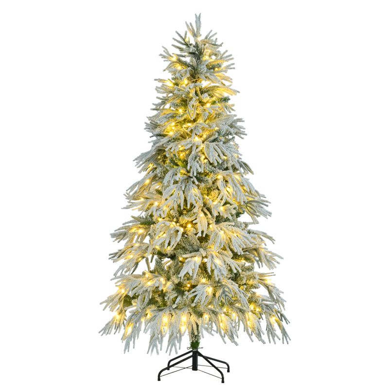 6FT Pre-Lit Spruce Snow Flocked Christmas Tree with 300 Multi-Color LED Lights, 8 Flashing Modes, 790 Snow Branch Tips, Hinged Artificial Xmas Tree for Holiday Home and Office Décor_voghion.com