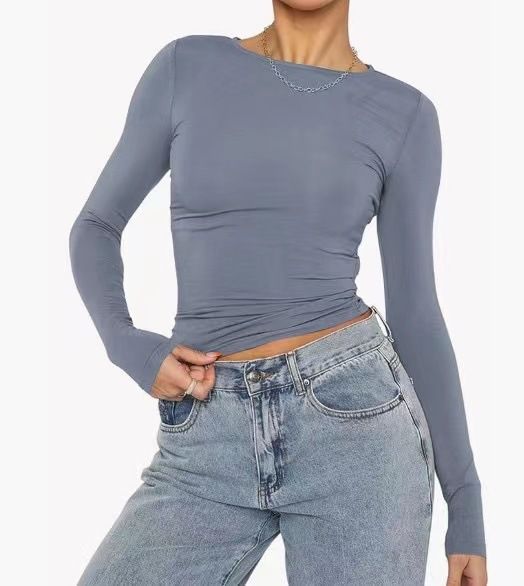 Maglietta casual a maniche lunghe da donna, a tinta unita, attillata, primaverile e autunnale_voghion.com