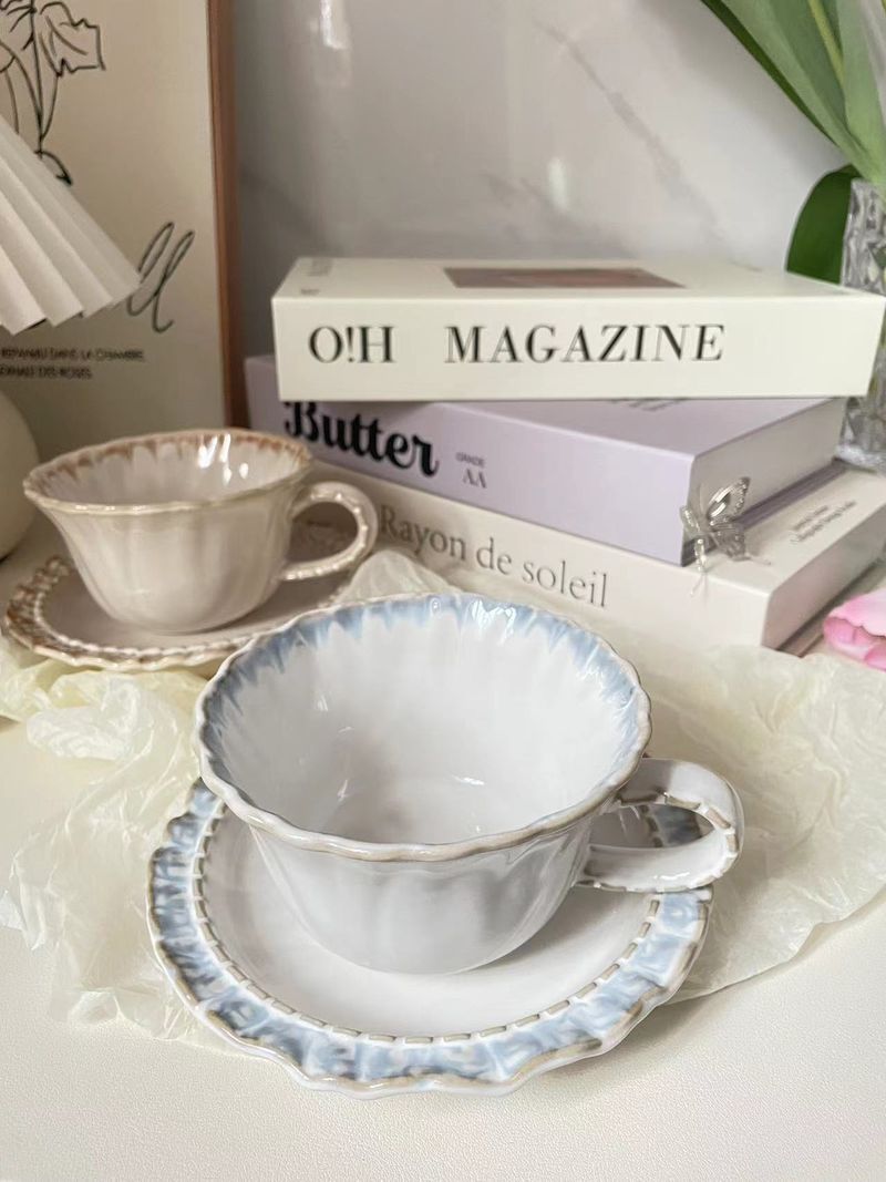 Juego de café azul con encaje pintado a mano, taza y platillo para té de la tarde, capuchino y latte_voghion.com