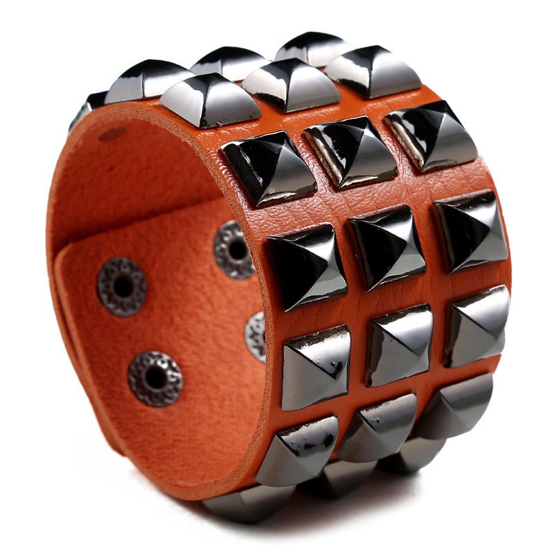 Square Bead Rivet Personality Punk Bracelet Fashion Men's PU Leather Wristband_voghion.com