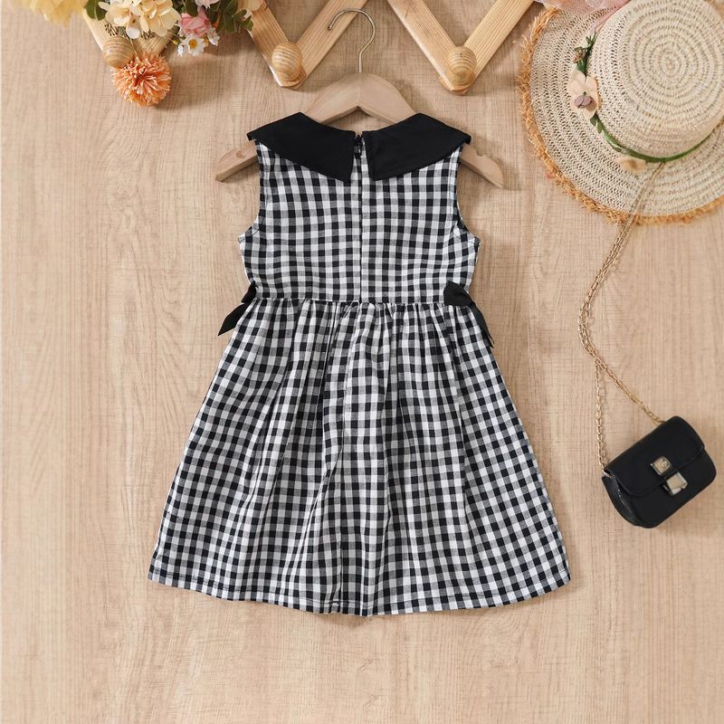 Mädchen Sommer Plaid Prinzessin Kleid Weibliche Baby Retro Kleine Pan Kragen Kleid Weste Rock_voghion.com