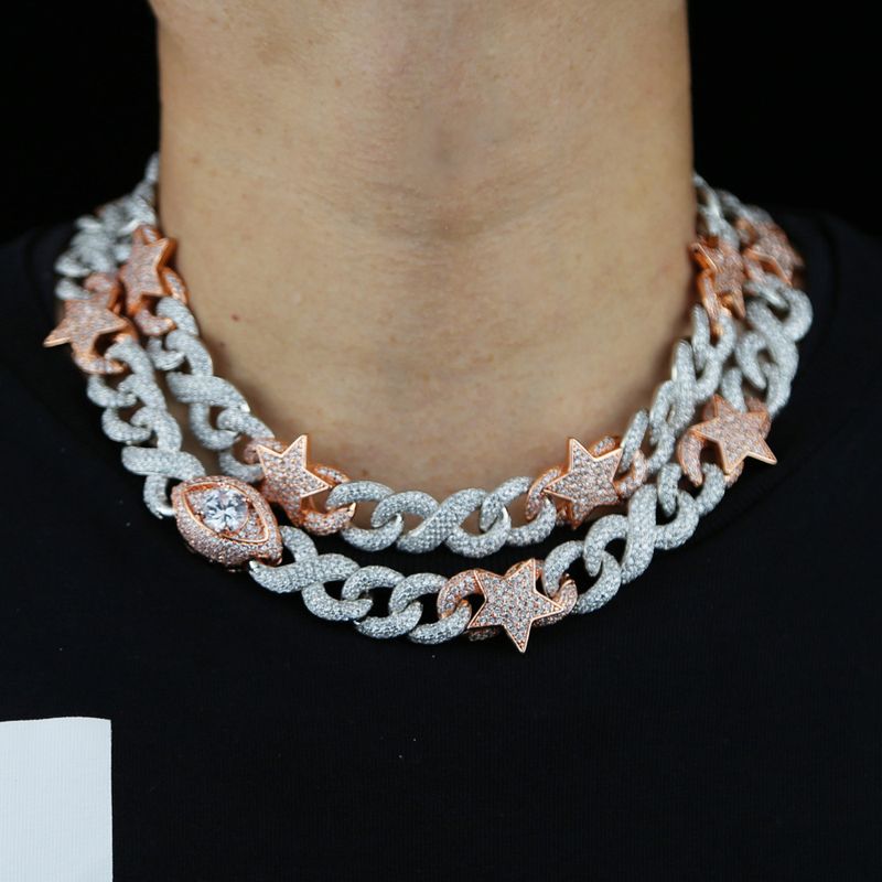 Collana con ciondolo a forma di occhio di stella, bicolore, da uomo, a forma di 8, con catena cubana, Hop Hip_voghion.com