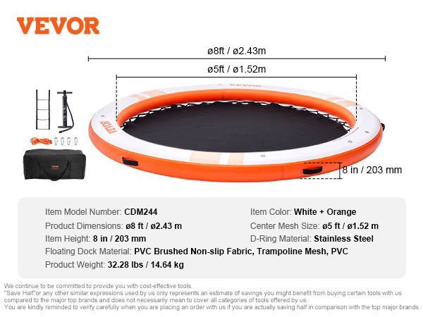 VEVOR Inflatable Floating Dock, ø8FT Inflatable Dock Platform with ø5FT Trampoline Mesh Pool, Non-Slip Floating Platform Water Mat with Portable Bag &_voghion.com
