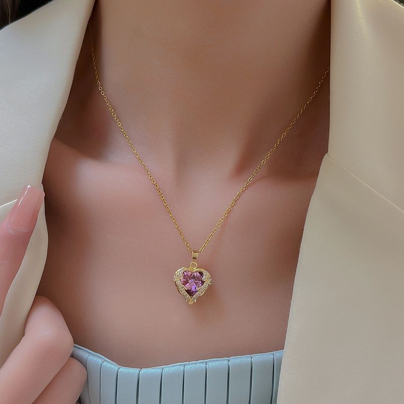 Collana Cuore dell'Oceano con ciondolo in cristallo colorato da donna, in acciaio al titanio placcato, leggera e di lusso, con catena a clavicola_voghion.com