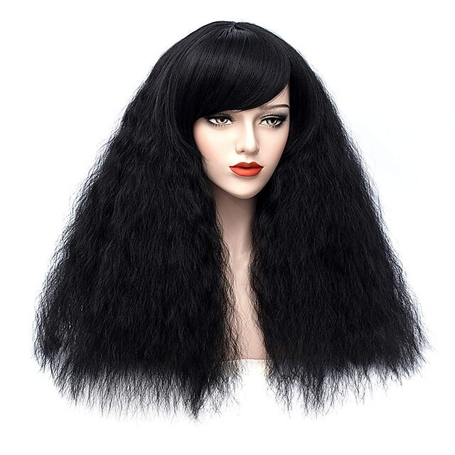Peluca sintética Peluca de mujer con flequillo inclinado Superficie de espuma rizada Bigotes de maíz Pelo rizado largo y esponjoso Blanco Negro y dorado_voghion.com