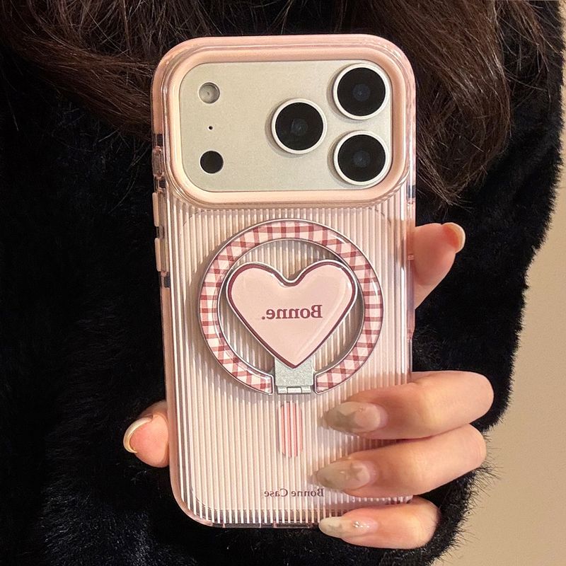 Custodia a righe rosa e marroni per iPhone 17, 15 con supporto magnetico a forma di cuore, iPhone 16 Pro Max antiurto, 14 morbido_voghion.com