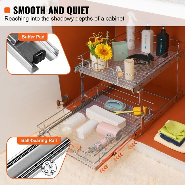 2 Tier 17'W X 21'D Pull Out Cabinet Organizer, Heavy Duty Slide Out Pantry Shelves, Chrome-Plated Steel Roll Out Drawers, Sliding Drawer Storage Fo_voghion.com