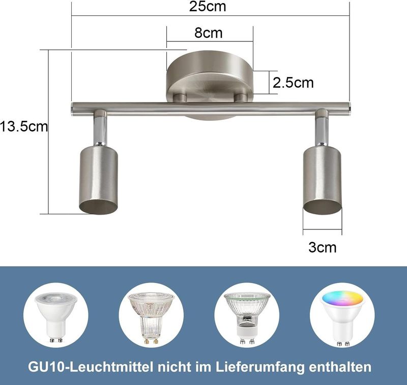 Glitzerlife LED Deckenstrahler 2 Flammig Flurlampe - Modern Silber GU10 Schwenkbar 330° Drehbar Wandstrahler Für Flur Schlafzimmer Küche_voghion.com