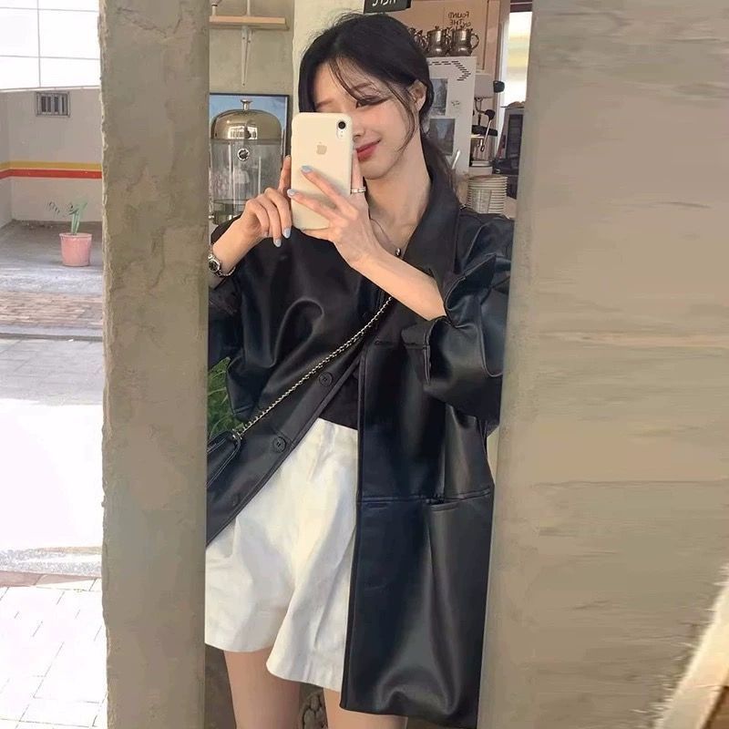 Giacca monopetto coreana elegante con colletto rovesciato per donna, nuova giacca in pelle versatile e ampia per l'autunno_voghion.com