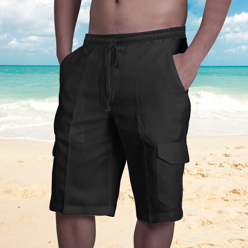 2022 nuovi pantaloncini di lino multitasche con lacci pantaloni da lavoro da spiaggia da uomo_voghion.com