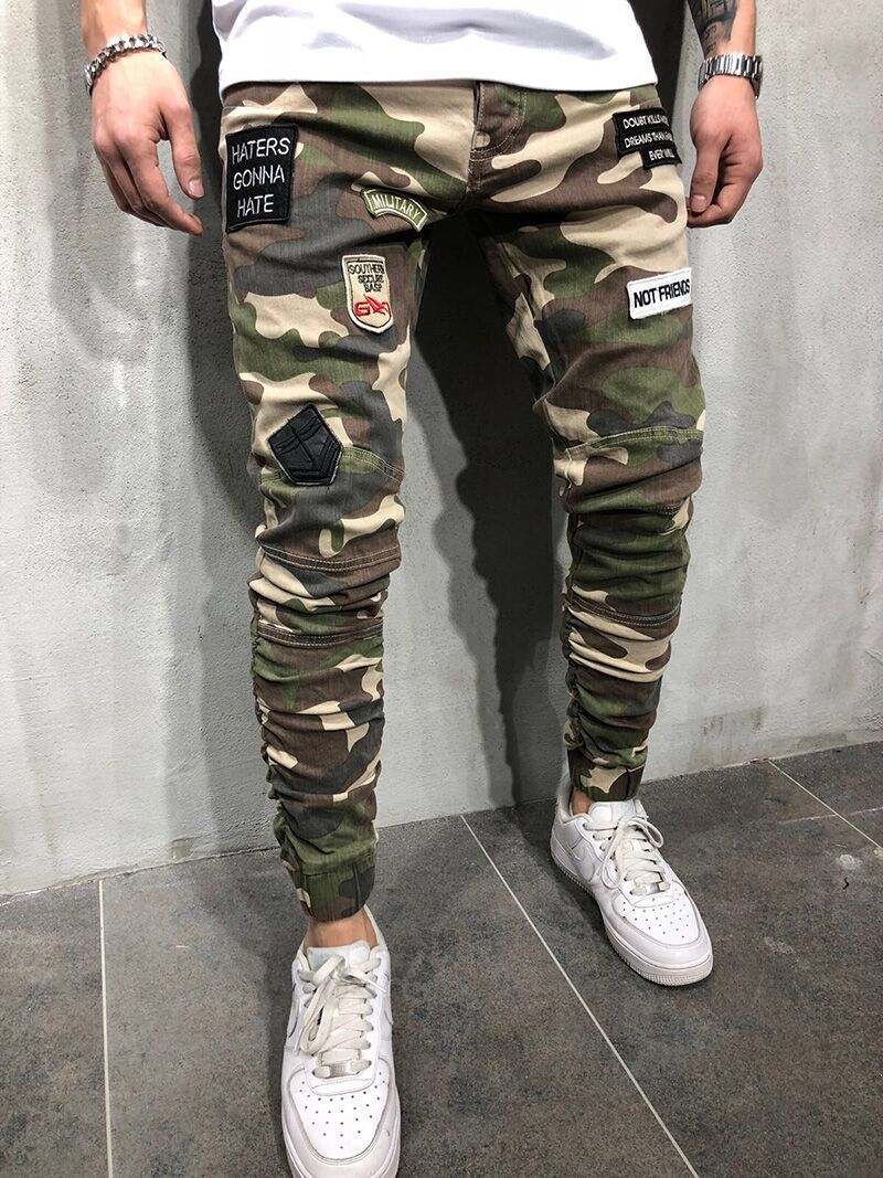 Men's Jeans Emblem Stretch Slim Fit Tight Elastic Hem Camouflage Feet Pants NK74_voghion.com