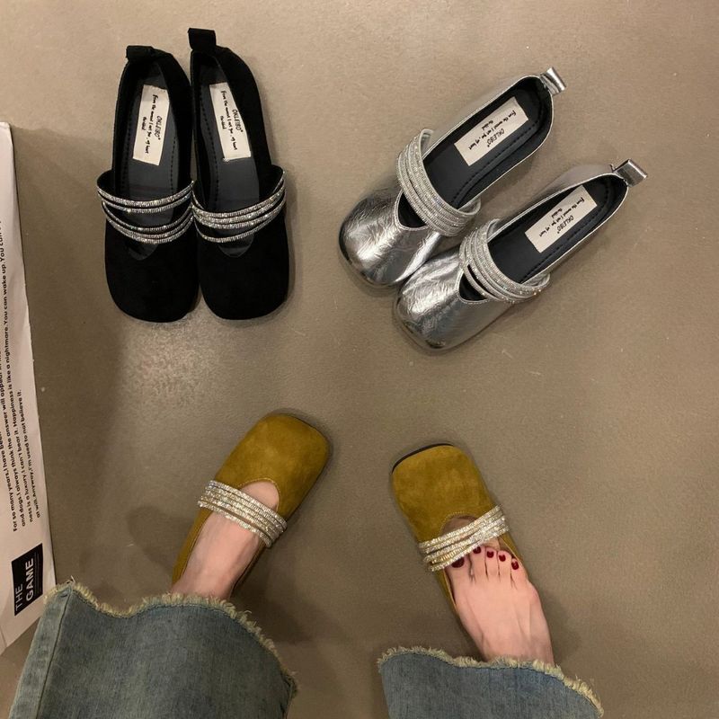 Strass mit Ballett-Mary-Jane-Schuhen, quadratischer Kopf im Frühling und Herbst, flacher Mund, vielseitige, flache französische, sanfte Einzelschuhe_voghion.com