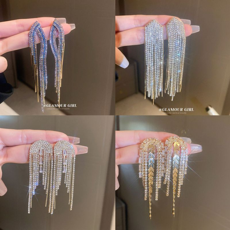 Orecchini ad ago in argento, stile metallo, orecchini lunghi con frange a foglia di zircone, orecchini alla moda squisiti, orecchini di lusso con temperamento leggero e vento freddo_voghion.com