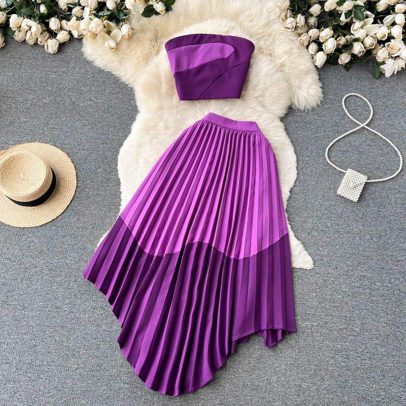 Abito da donna in due pezzi per gonna a pieghe irregolare con top a tubino in colore a contrasto stile estivo_voghion.com