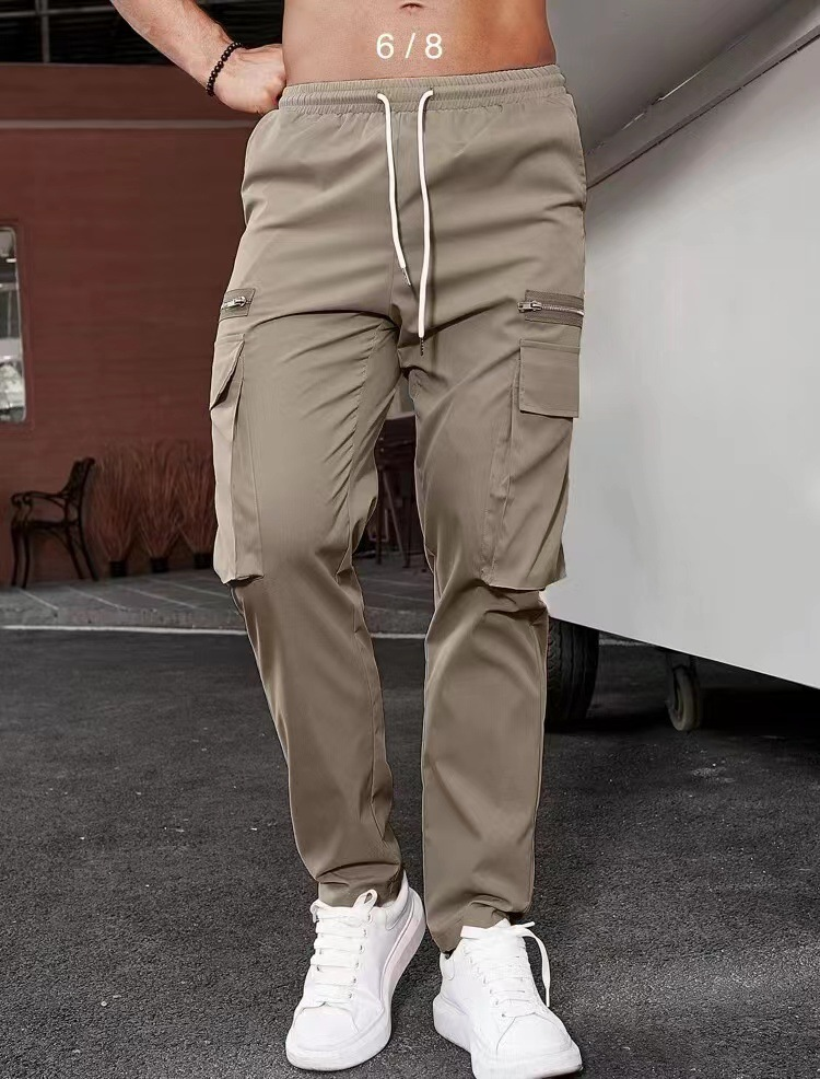 Ropa de hombre, pantalones cargo decorados con cremallera deportiva informal, pantalones con cordón en la cintura para hombres_voghion.com