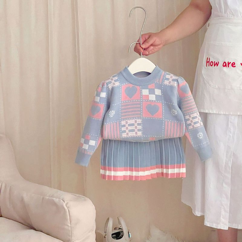 Kinderbekleidungsfabrik Herbst und Winter Neues Mädchenpullover-Set Kindergestricktes Zweiteiler-Set Niedliches geometrisches Pulloverkleid_voghion.com