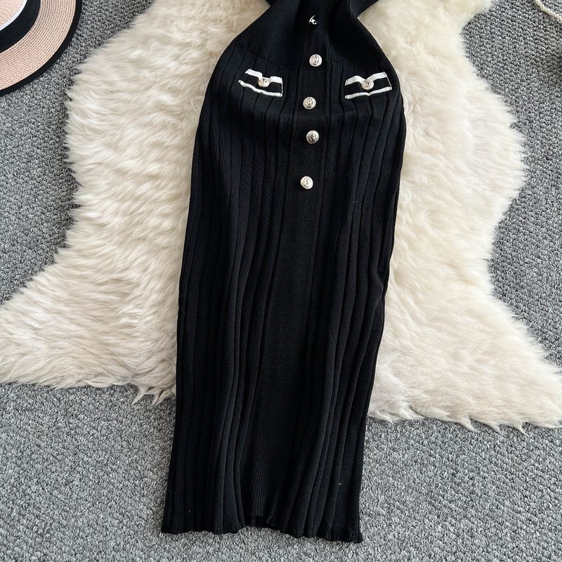Abito estivo in maglia a maniche corte con scollo a V, sexy, monopetto, da donna, con gonna lunga che snellisce la vita e i fianchi._voghion.com