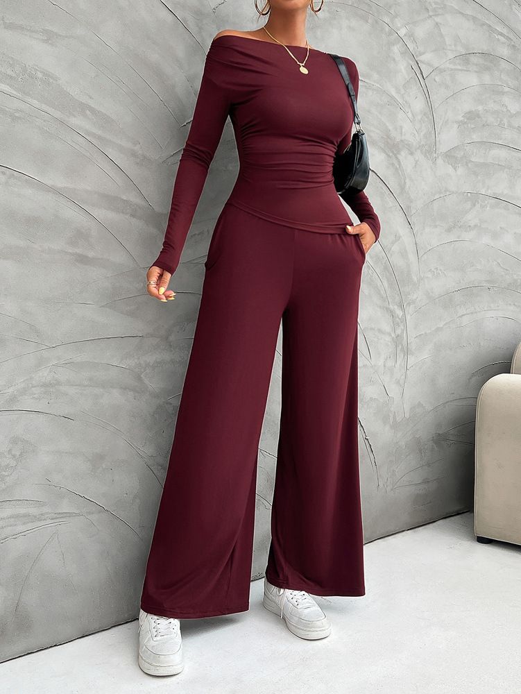 Y2K Damen-Set – Schmales Langarm-Oberteil & Hose mit weitem Bein (S-XL, Schwarz/Dunkelgrau/Khaki/Weinrot/Dunkelgrün/Braun/Dunkelblau)_voghion.com