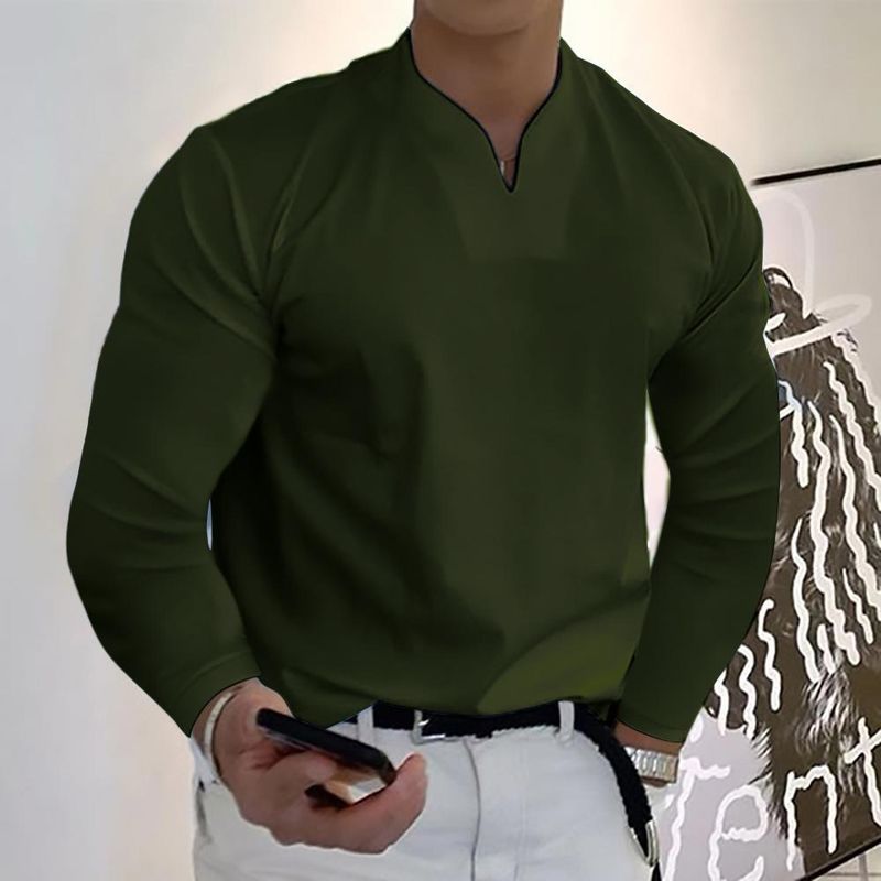Ropa para hombre Nueva camiseta de manga larga con cuello en V para hombre Top transpirable informal_voghion.com